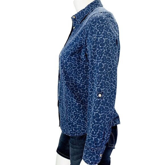 Talbots Womens Chambray Shirt Button Front Blue Animal Print Roll Sleeve Size 14 - Picture 9 of 12